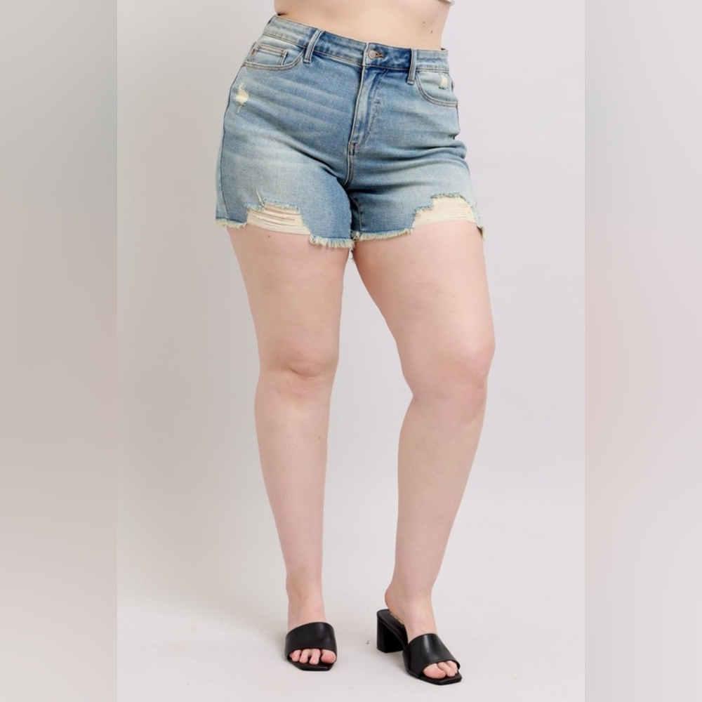 Judy Blue Full Size High Rise Washed Fly Stitch Detail and Destroy Denim Shorts - Picture 8 of 16
